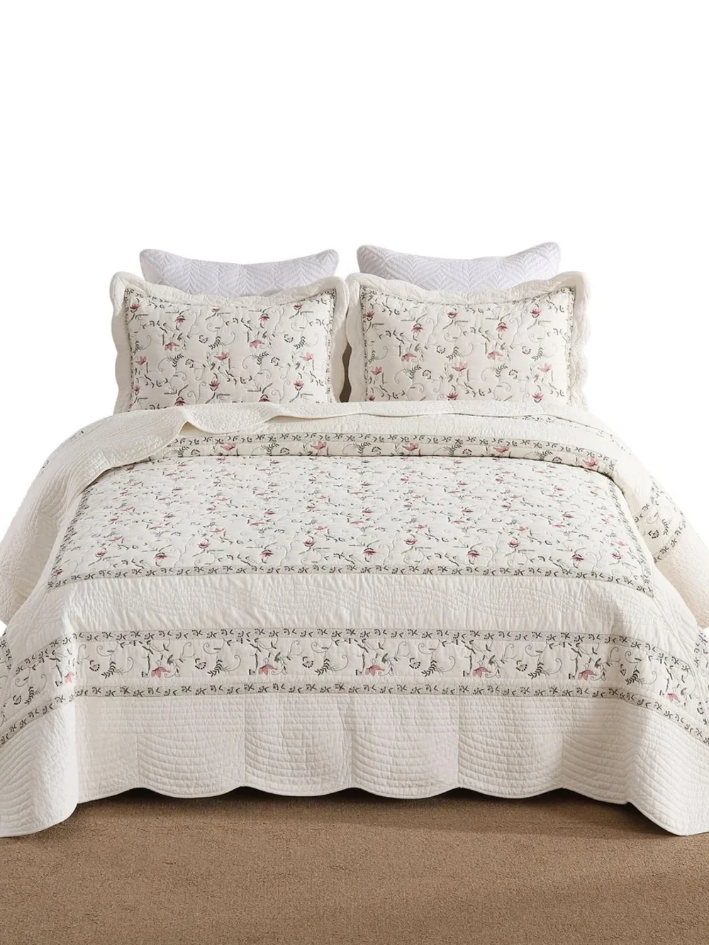 3 PIECE OVERSIZED 100% COTTON EMBROIDERED FLORAL QUILT BEDSPREAD